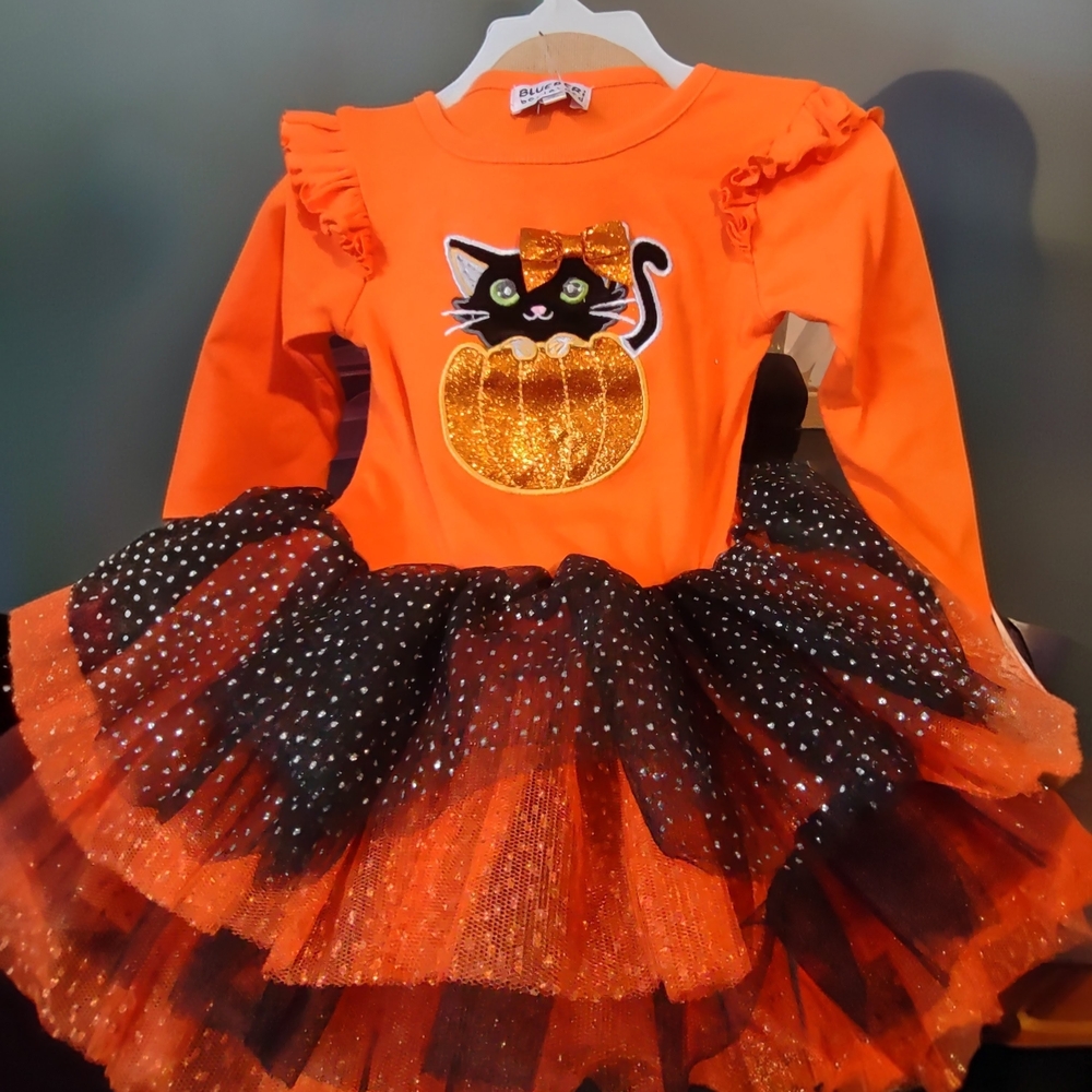 Blueberi Boulevard Orange and Black Halloween Cat Tutu Dress